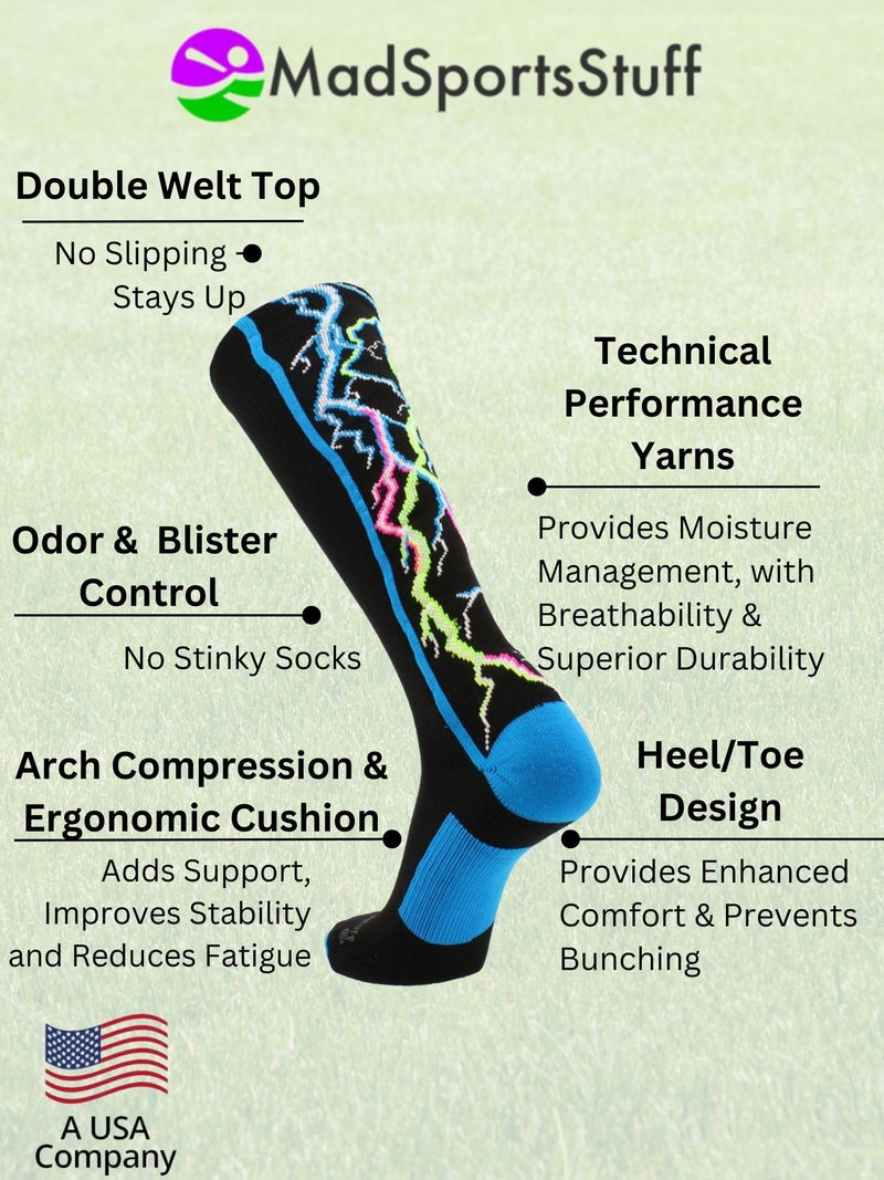 MadSportsStuff Crazy Socks with Lightning Bolts Electric Storm Over the Calf (Multi-Neon/Black, Medium) - Image 2